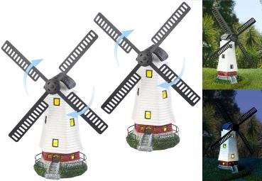 Preview: 2er-Set Solar-Deko-Windmühlen – Norddeutscher Stil - Drehendes Windrad & LED-Licht mit Helligkeits-Sensor – NiMh-Akku (300 mAh), 8h Leuchtdauer, 32x18.5cm