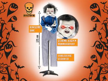 Preview: Creepy Animated Doll (125 cm) – Red LED Eyes, Sound Effects & Swinging Foam-Rubber Knife – Perfect Decor for Halloween Party – With Stand for Display