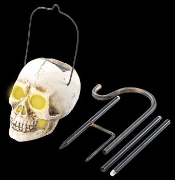 Preview: Set da 3 lampade solari a teschio per giardino e feste – Decorazione spaventosa con luce LED gialla – Resistente alle intemperie, IP44, altezza regolabile (30-70 cm)