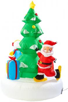 Preview: Selbstaufblasendes 150 cm XXL-Weihnachtsbaum-Karussell – Rotierender Baum mit Weihnachtsmann, Schneemann & LED-Licht – Wetterfest nach IP44 für den Aussenbereich