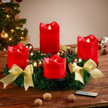 Preview: Adventskranz Golden - 4 Rote LED-Kerzen mit Flackerflamme & Echtwachs-Effekt - Ø 30cm - Brandsicher & Russfrei - Wiederverwendbar