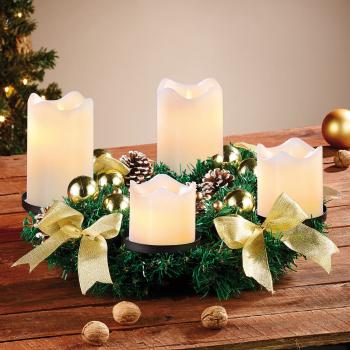 Preview: Couronne de l’Avent Ornements Dorés - 4 Bougies LED Cire Véritable Lumière Vacillante - Ø 30cm - Décoration Intérieure Sécurité Sans Feu