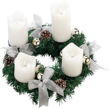 Preview: Couronne de l’Avent Noël Artificielle - Ornements Argentés, Pommes de Pin, Boules & Nœud - 4 Bougies LED Cire Véritable Flammes Mobiles Ø30cm Sans Risque