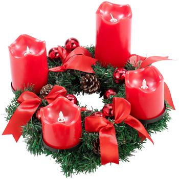 Preview: Couronne de l‘Avent décorée - 4 bougies LED cire véritable flamme mobile - Sûre, sans feu ni chaleur - Ø30cm - Piles AA/CR2025