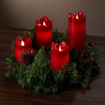 Preview: Couronne de l‘Avent décorée - 4 bougies LED cire véritable flamme mobile - Sûre, sans feu ni chaleur - Ø30cm - Piles AA/CR2025