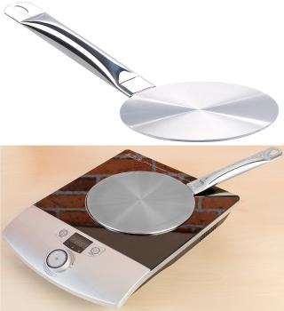 Preview: Universal-Adapterplatte Ø 14 cm - für Induktions-Kochfelder - Nutzung aller Töpfe & Pfannen - Edelstahl/Alu 3mm - Abnehmbarer Heber 19.5 cm