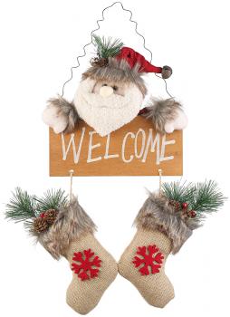 Preview: Weihnachtsmann Tür-Dekoration - mit Welcome-Schriftzug - Handgefertigt, Aufhänge-Draht für Tür, Wand, Fenster - 48x30x5 cm Weihnachtsdeko