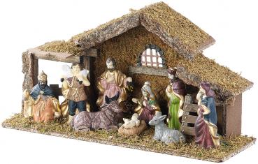Preview: High quality wooden Christmas crib, large hand painted porcelain figures