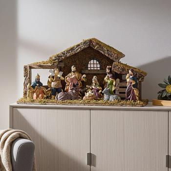 High quality wooden Christmas crib, large hand painted porcelain figures