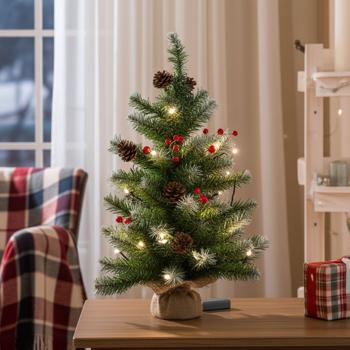 Set of 2 decorative Christmas trees with 30 LEDs, pine cones & yew berries, 60 cm