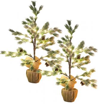 Preview: 2er-Set Deko-Nadelbäumchen im Topf - 24 warmweisse LEDs, Kunstschnee, echte Zapfen - 70cm hoch, biegsame Zweige, batteriebetrieben