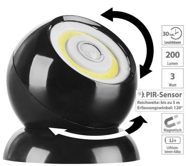 Preview: Lampe sans fil 200 lm à LED COB et détecteur de mouvement WL-420 - Noir