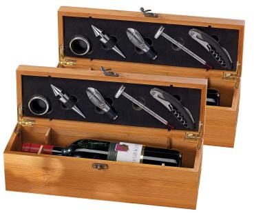 Preview: 2x 5-teiliges Sommelier-Set in edler Bambusholz-Geschenkbox - Professionelles Öffnen & Einschenken - Kellnermesser, Thermometer, Flaschenverschluss
