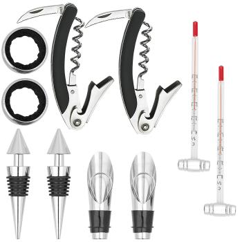 Preview: 2x 5-teiliges Sommelier-Set in edler Bambusholz-Geschenkbox - Professionelles Öffnen & Einschenken - Kellnermesser, Thermometer, Flaschenverschluss