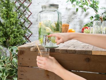 Preview: Retro-Getränkespender aus Glas, Einmachglas-Look, Zapfhahn, 3,5 Liter