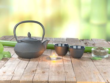 Preview: 2er-Set Asiatische Teebecher aus Gusseisen-Emaille - Wärmespeichernd für Schwarz-/Grüntee - Rostschutz - konisch, 80x50mm, 260g, schwarz