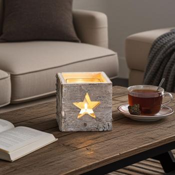 Windlicht aus Holz mit Stern-Motiv - Romantisches Sternen-Licht für gemütliche Abende - Herausnehmbares Teelicht-Glas, 95x90x95mm, 405g