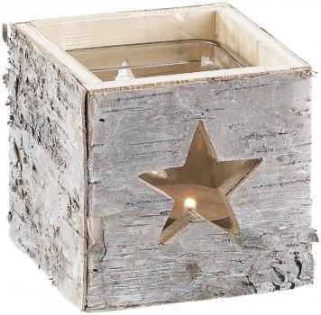 Preview: Photophore en Bois Motif Étoile - Décoration Hivernale Rustique & Shabby Chic - Lanterne Cube 2 Parties, Verre Chauffe-plat Amovible, 95x90x95mm