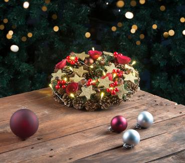Preview: Weihnachtskranz, 20 warmweisse LEDs, Timer, batteriebetrieben, 28 cm