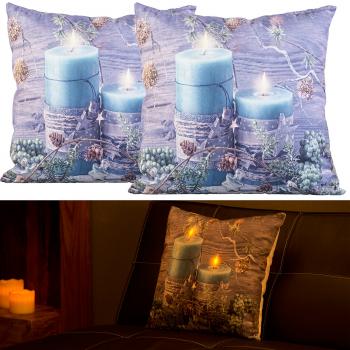 Preview: 2er-Set Deko-Kissen 45x45 cm - Kerzen-Motiv mit sicherem LED-Flackerlicht - Batteriebetrieben - Ideal für gemütliche Weihnachts-Deko ohne Flamme