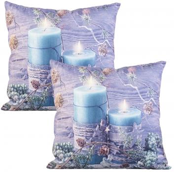 set of 2 decorative pillows, candle motif, 2 LEDs, battery operated, 45x45 cm