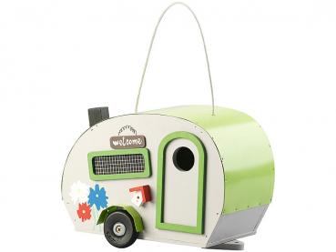 Preview: Nistkasten Wohnwagen-Optik aus Holz mit Metalldach - Vogelfutterhaus mit 30mm Eingangsloch & Reinigungs-Klappe - 24x17x15,5cm Vogelhaus