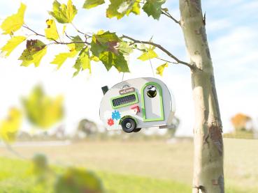 Preview: Nistkasten Wohnwagen-Optik aus Holz mit Metalldach - Vogelfutterhaus mit 30mm Eingangsloch & Reinigungs-Klappe - 24x17x15,5cm Vogelhaus