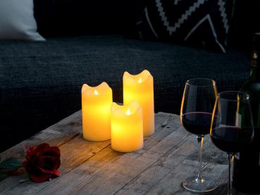 Preview: 3er-Set dimmbare LED-Echtwachskerzen, bewegliche Flamme, Fernbedienung