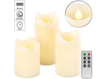 Preview: 3er-Set dimmbare LED-Echtwachskerzen, bewegliche Flamme, Fernbedienung