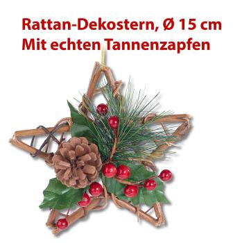 Preview: 2er-Set Rattan-Dekosterne Handgefertigt - Mit echten Tannenzapfen & Beeren - Ø 15cm - Perfekt für Weihnachtsdeko & Türhänger zur Adventszeit