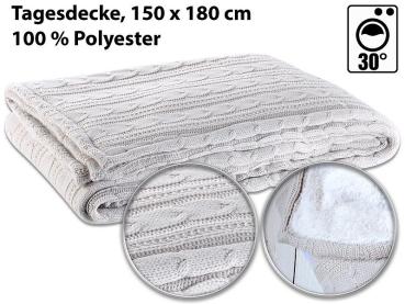 Preview: Tagesdecke im Strick-Zopf-Design - mit weicher Webpelz-Unterseite in Lammfell-Optik - Kuscheldecke Sofa-Überwurf 150x180cm, 100% Polyester