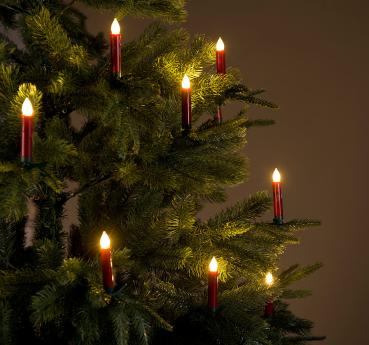 Preview: 10er LED-Weihnachtsbaum-Kerzen-Set rot - kabellos mit IR-Fernbedienung - Timer, 2 Leuchtmodi, 5 Helligkeit - Batteriebetrieb, warmweiss ohne Brandgefahr