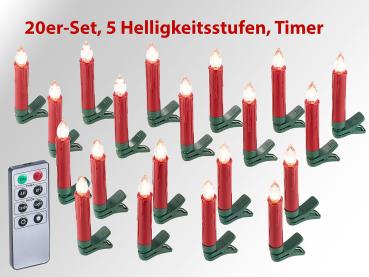 Preview: Bougies LED sapin de Noël avec télécommande - x20, rouges - Effet flamme vacillante, 5 luminosités, minuterie 4/8h - Sans risque, piles AAA/CR2025