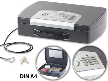 Preview: Geld- & Dokumentenkassette, Stahl, Elektronik-Schloss, A4, Stahlkabel