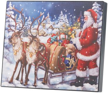 Preview: LED-Bild Weihnachtsmann mit Rentierschlitten - Flackernde LEDs & Touch-Bedienung - 28x23x2.5 cm Leinwand-Optik - Zum Aufhängen/Aufstellen