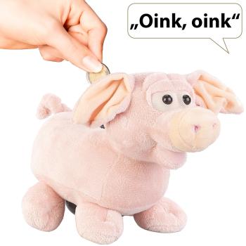 Preview: Grunzendes Plüsch-Sparschwein mit wackelnden Ohren, Batteriebetrieb