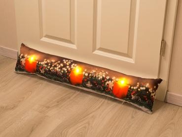 Preview: Coussin de porte LED motifs bougies - Anti-courants d‘air, décoration Noël festive - 3 LED blanc chaud, 90x20 cm, 100% polyester