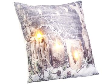 Preview: Lot de 2 coussins déco LED au design hivernal – effet lumière de bougie réaliste avec 3 LED – sur piles, 45x45 cm, 100 % polyester – parfait pour la décoration d‘automne et d‘hiver