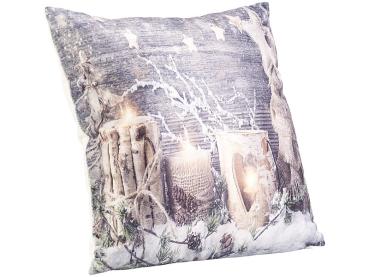 Preview: Lot de 2 coussins déco LED au design hivernal – effet lumière de bougie réaliste avec 3 LED – sur piles, 45x45 cm, 100 % polyester – parfait pour la décoration d‘automne et d‘hiver