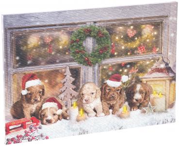 Preview: Tableau de Noël à 5 LED avec des chiots 60 x 40 cm
