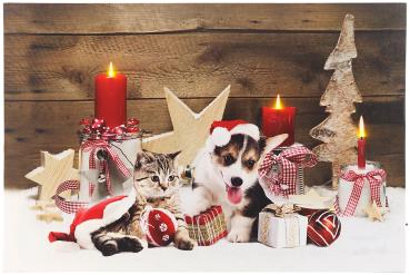 Preview: LED-Wandbild 60x40cm - Weihnachts-Tierbabys Motiv mit 3 Flacker-LEDs - stimmungsvolles Highlight ohne Brandgefahr - inkl. Holzrahmen & Ösen