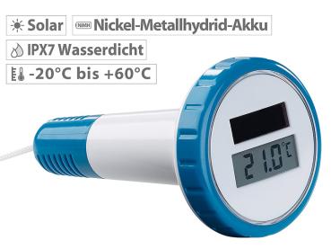 Preview: Thermomètre solaire digital pour piscine et étang - Écran LCD clair - Étanche IPX7 - Plage -20 à +60 °C - Panneau solaire/Pile AA - Ø70xH115mm - 142g