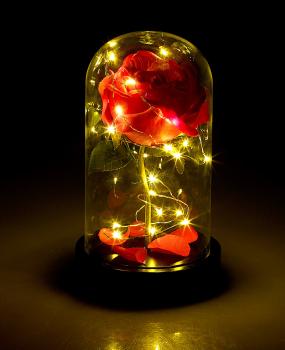 Preview: Elegante rosa artificiale con illuminazione a LED in una vera cupola di vetro, rossa
