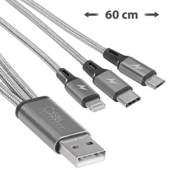 Preview: 3in1-Schnellladekabel: Micro-USB, USB Typ C & Lightning, Textil, 60 cm