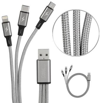 Preview: 3in1-Schnellladekabel: Micro-USB, USB Typ C & Lightning, Textil, 60 cm