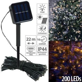 Preview: Solar-Lichterkette, 200 warmweisse LEDs, 8 Modi, 22 m, Dämmerungssensor