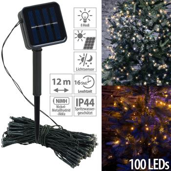 Preview: Solar-Lichterkette, 100 warmweisse LEDs, 8 Modi, 12 m, Dämmerungssensor