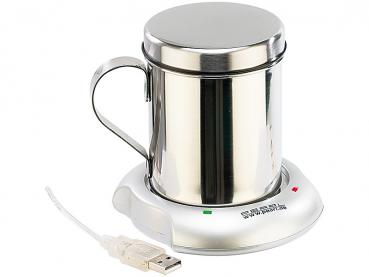 Preview: Lot 2 Chauffe-Tasses USB - Maintien au Chaud Thé/Café - Plaque Chauffante Ø75mm - Tasses Isothermes Inox 200ml - LED On/Off - Câble 150cm