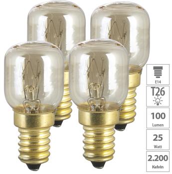 Preview: 4er-Set Backofenlampe, E14, T26, 25 Watt, 100 lm, warmweiss bis 300 °C