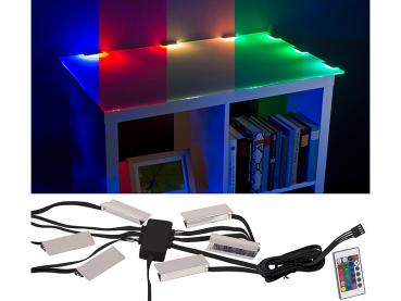 Preview: 4er-Set LED-Glasbodenbeleuchtung mit Fernbedienung: 6 Klammern mit 18 RGB-LEDs Preview: 4er-Set LED-Glasbodenbeleuchtung mit Fernbedienung: 6 Klammern mit 18 RGB-LEDs